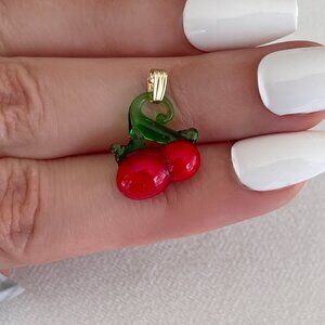 Solid 14K Yellow Gold Lucky Red Cherry Cherries Charm Good Luck Fruit Pendant